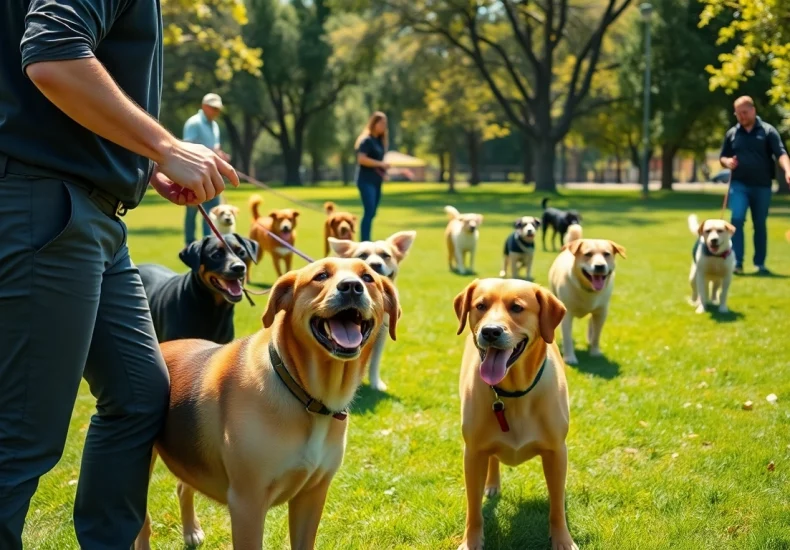 Engaging dog training in Irvine with trainers and various dog breeds in action.