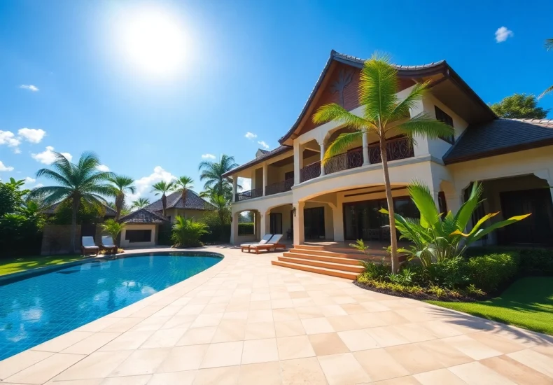 Phuket real estate agent showcasing a luxury villa with pool under sunny skies in tropical surroundings.