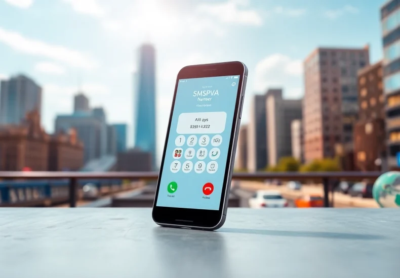 Receive SMS online through the smsvpa app featured on a smartphone in a vibrant city background.