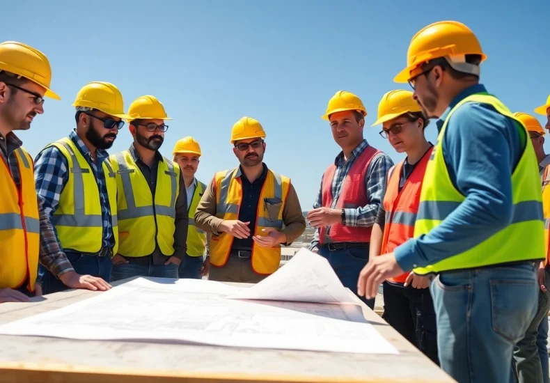 Collaborative meeting of the Southern California Contractors Association at a construction site.