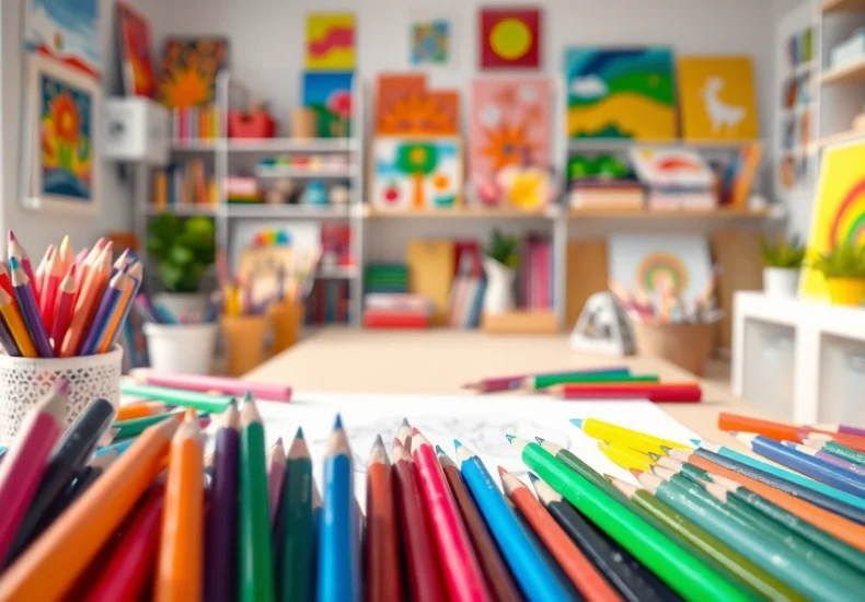 Children creating art with kids colouring pencils in a bright art studio.