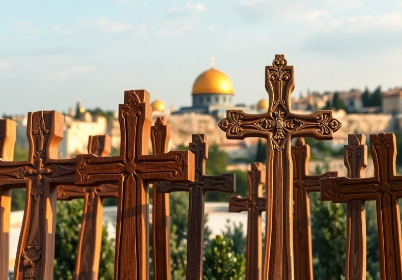 Admire intricately designed Jerusalem crosses set against the scenic view of Jerusalem’s Old City.