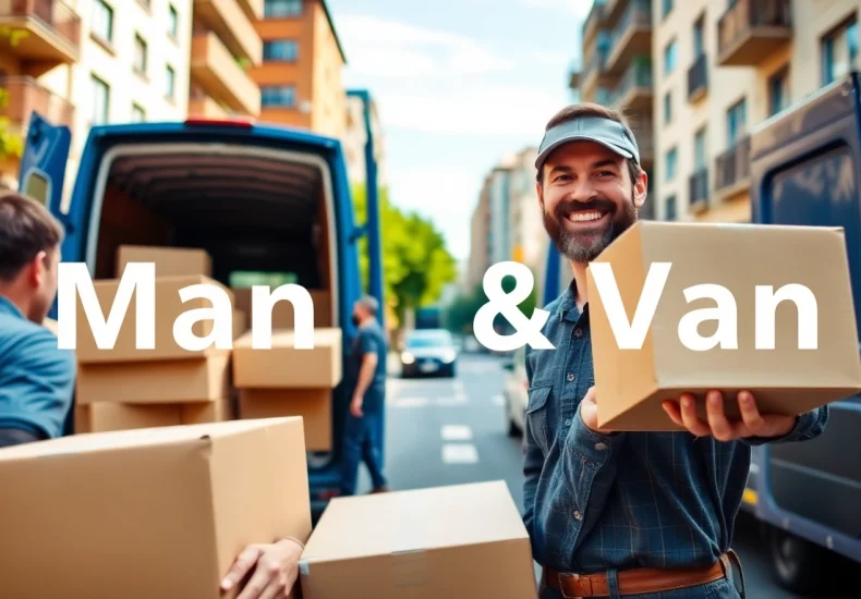 Professional man and van moving service helping to load furniture efficiently and safely.