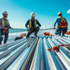Install coastal metal roofing with skilled contractors against a scenic backdrop.