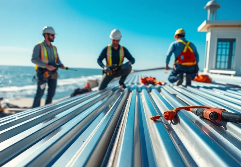 Install coastal metal roofing with skilled contractors against a scenic backdrop.