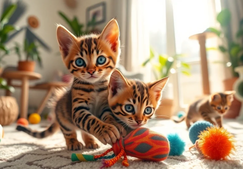 Play with Bengal Kittens for Sale in a cozy, sunlit living room filled with colorful toys.