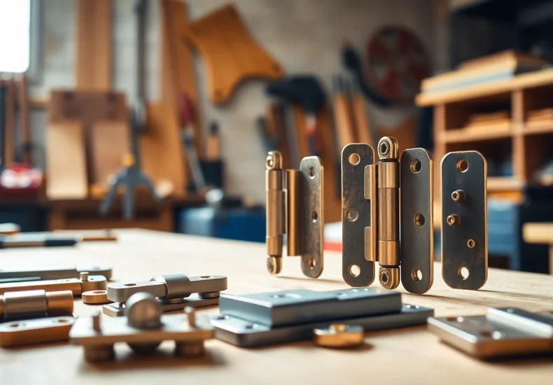 Cabinet Hinge Manufacturers showcasing high-quality metallic hinges in a workshop setting.