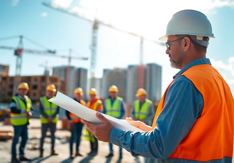 Reviewing NVQ Level 6 construction site management questions and answers pdf on a bustling site.