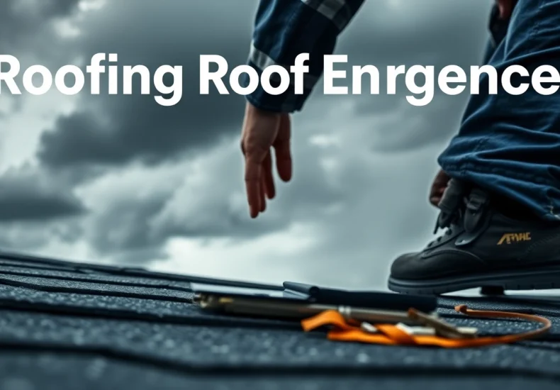 Urgent emergency roof repair Texas service with a contractor inspecting damaged shingles during a storm.