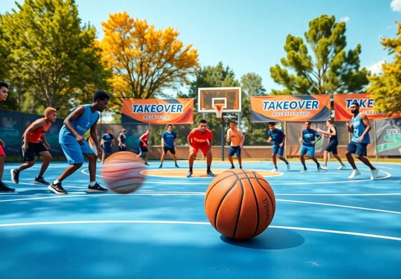 Younger players training at Takeover Basketball Academy on an outdoor basketball court.