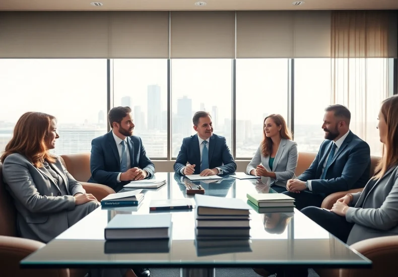 Family lawyers Adelaide collaborate in a professional office, showcasing expertise with a city view.