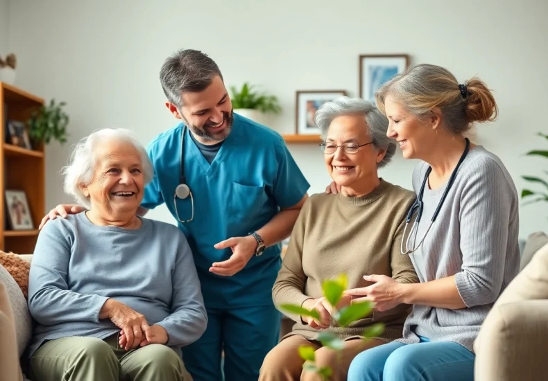 Engaged caregivers providing austin senior home care to a cheerful elderly couple in a warm home.