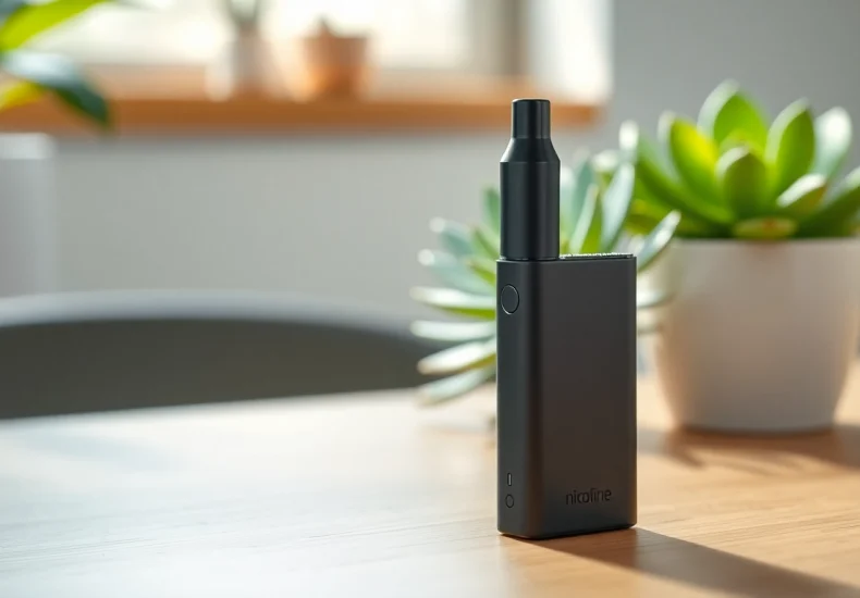 Showcase a nicotine free disposable vape on a stylish table, highlighting its modern design and inviting ambiance.