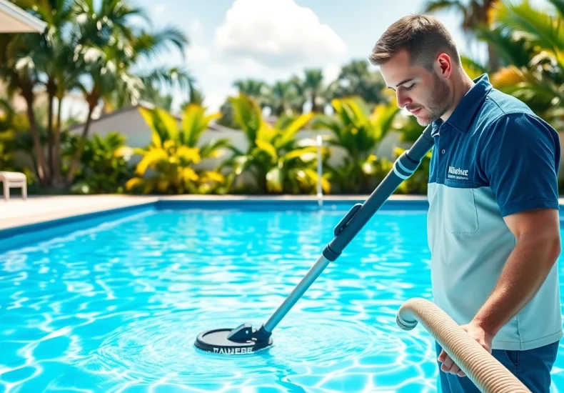 Engaging swimming pool service in Pinellas County by a skilled technician ensuring cleanliness and maintenance.