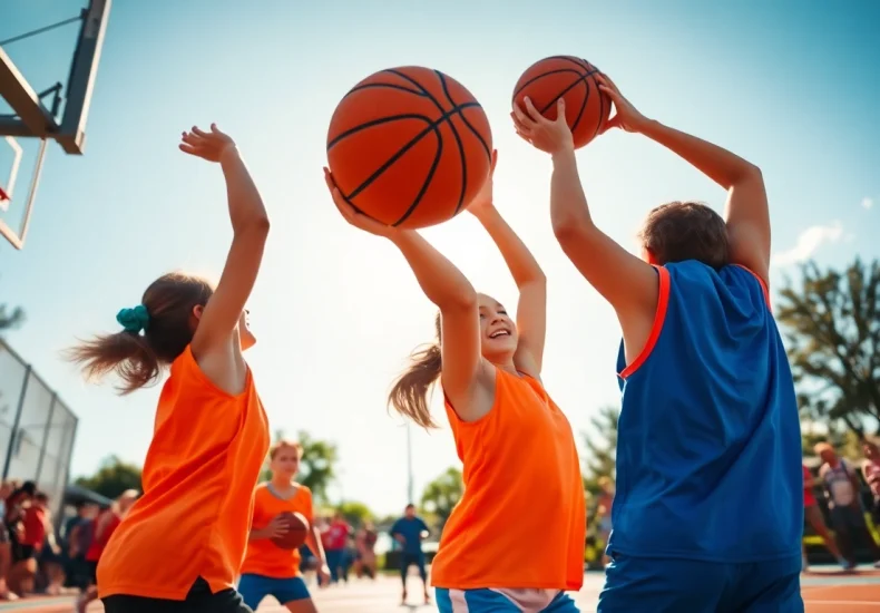 Young basketball enthusiasts playing an exciting outdoor game to improve their skills.