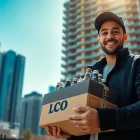 Enjoy convenient lcbo delivery Toronto with a package in hand outside a stylish apartment.