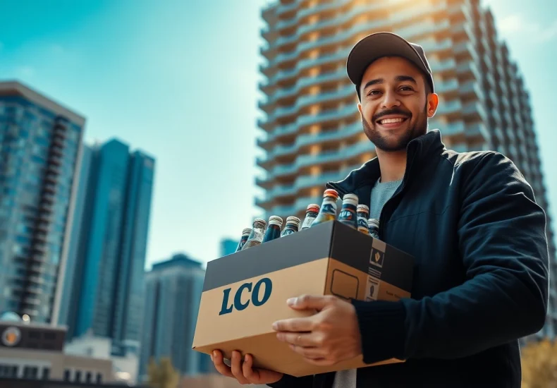 Enjoy convenient lcbo delivery Toronto with a package in hand outside a stylish apartment.