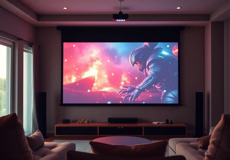 Showcase of a Professional Projection Screen in a stylish home theater setting.