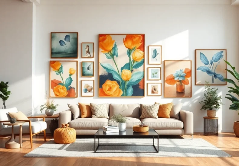 Enhance your home with vibrant art and decor elements in a modern setting.