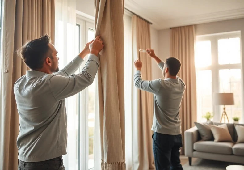 Curtain fitters expertly installing high-quality curtains in a well-decorated living room.