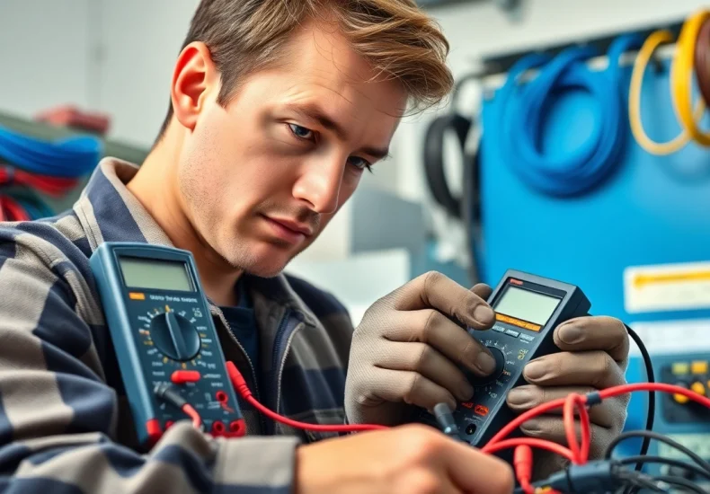 Electrical Testing setup featuring a technician analyzing equipment with multimeters in a workshop.