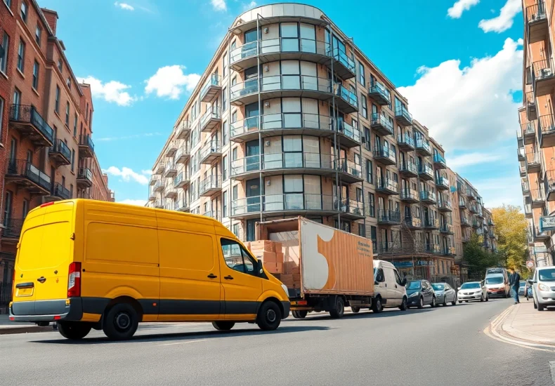 Moving companies East London showcasing a delivery van loading boxes in an urban setting.