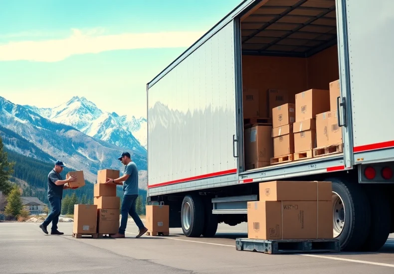 Movers in Colorado efficiently load a truck against a backdrop of the Rocky Mountains.