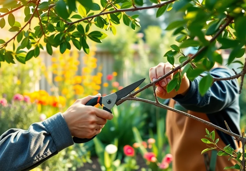 Snoeien van een boom door een professionele tuinier in een tuin.