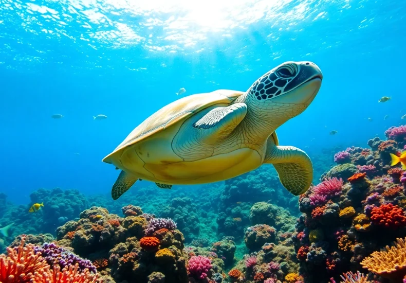 Snorkel experience with a turtle swimming gracefully among colorful coral reefs.