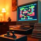 Engage with thrilling dos games online in a nostalgic gaming setup featuring vintage equipment.