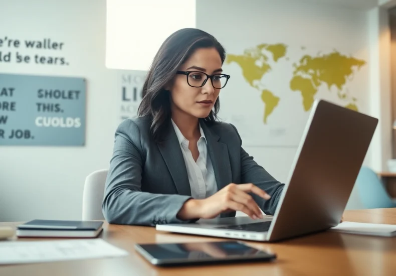 Engaged professional utilizing an AI job matching tool at a modern workspace.