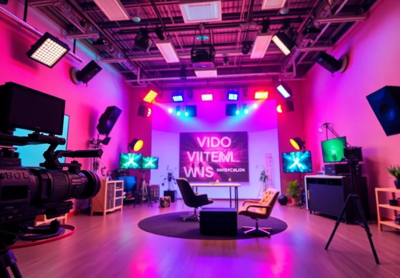 Professional 영상제작 scene showcasing a vibrant studio filled with cameras and creative equipment.