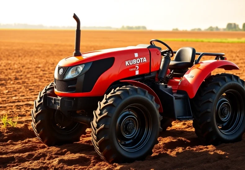 Kuboata Traktor auf dem Feld, das seine Leistung und Vielseitigkeit demonstriert.