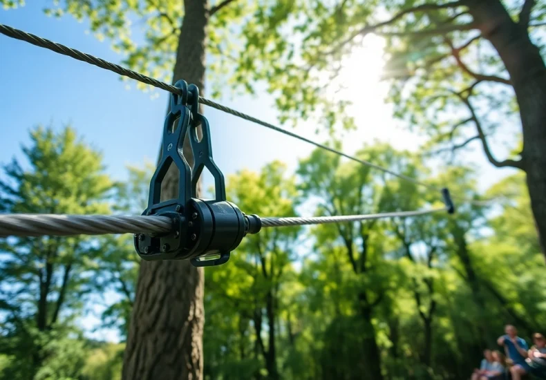Experience the thrill of a zip wire kit in a vibrant outdoor forest setting.