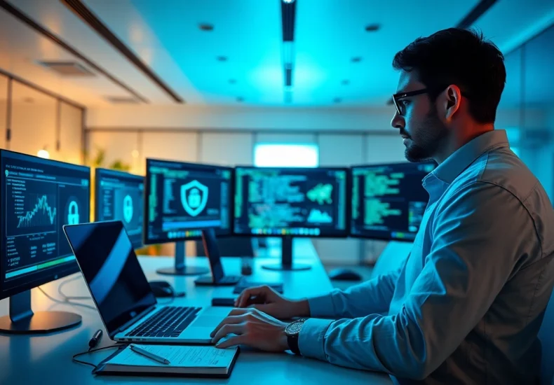Optimieren Sie Cybersecurity-Maßnahmen in modernem Büroambiente, während ein Experte Netzwerkanfälligkeiten analysiert.