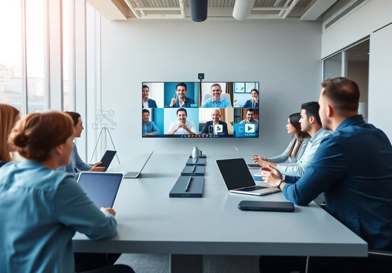 Participants engaging in a Video Conferencing Meeting with a modern professional setup.