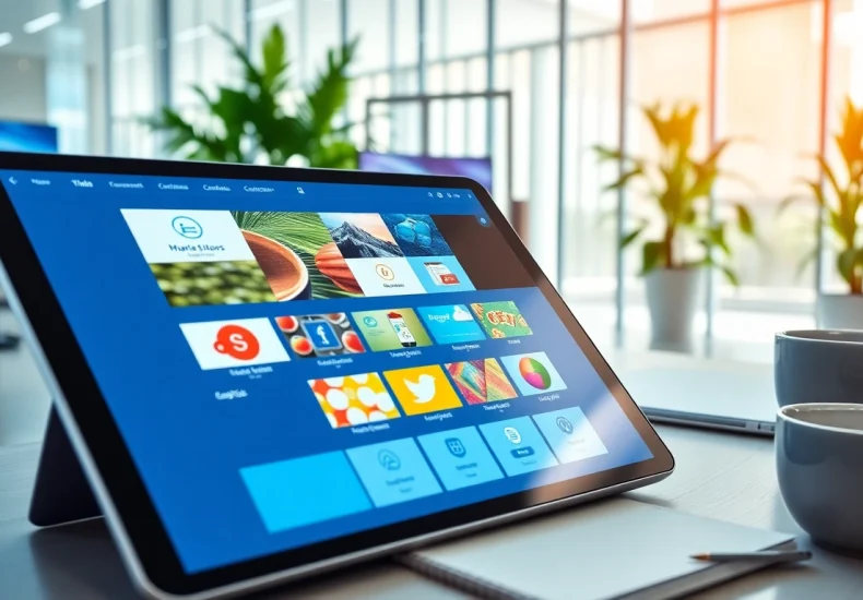 Engaging digital signage CMS interface shown on a tablet in a modern office setting.