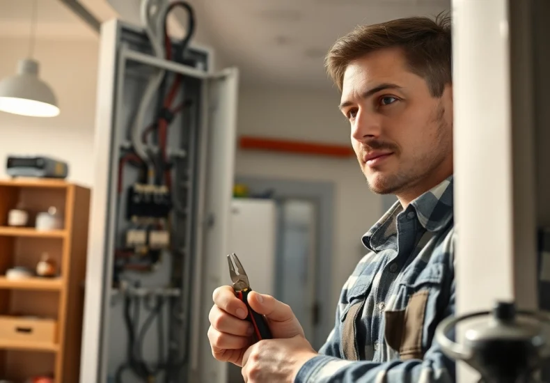 Electrician performing an Electrical Panel Upgrade in a modern home, reflecting focus and expertise.