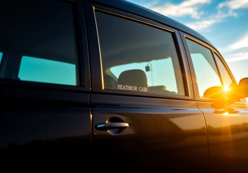 Taxi to Heathrow airport providing comfortable travel for passengers with luggage beside the cab.