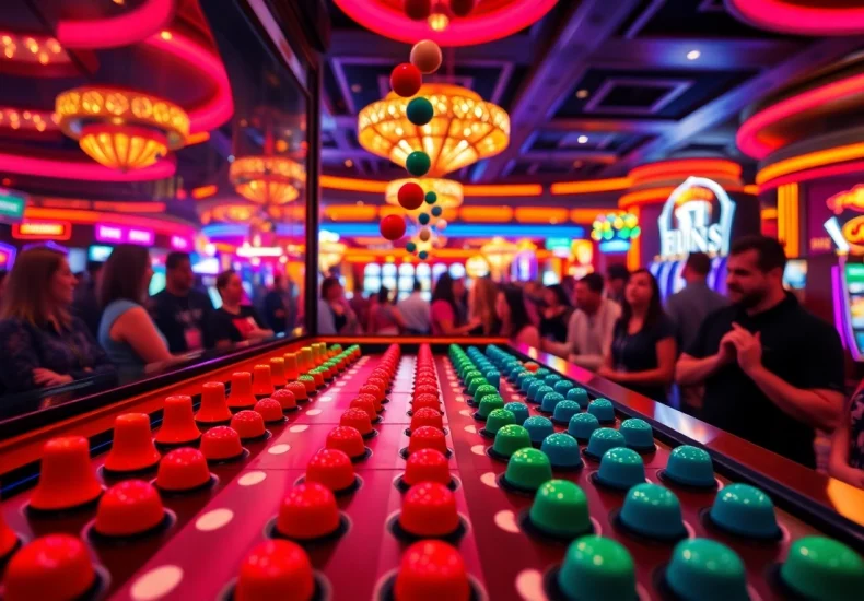 Permainan situs plinko yang menarik dengan bola jatuh di papan peg yang berwarna-warni.