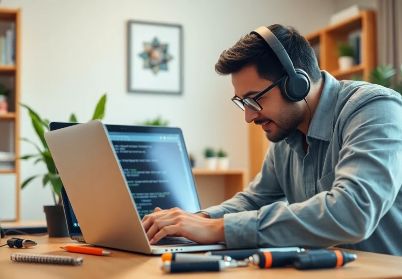 Get reliable computer help near me with a technician fixing a laptop in a cozy home office.