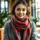 Shop unique scarves near me, showcasing a fashionable woman in a vibrant scarf at a cozy café.