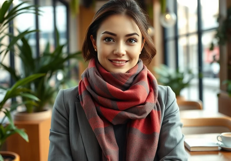 Shop unique scarves near me, showcasing a fashionable woman in a vibrant scarf at a cozy café.