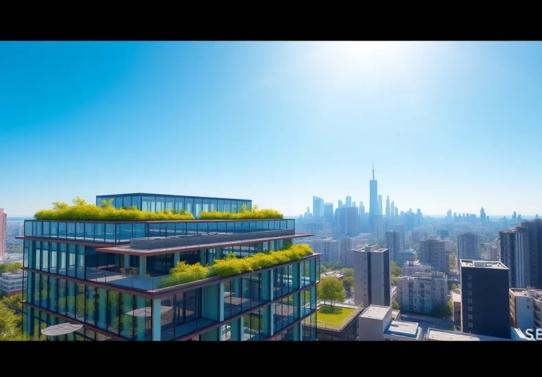 Detailreiche visualisierung architektur eines modernen urbanen Gebäudes mit grünen Terrassen.