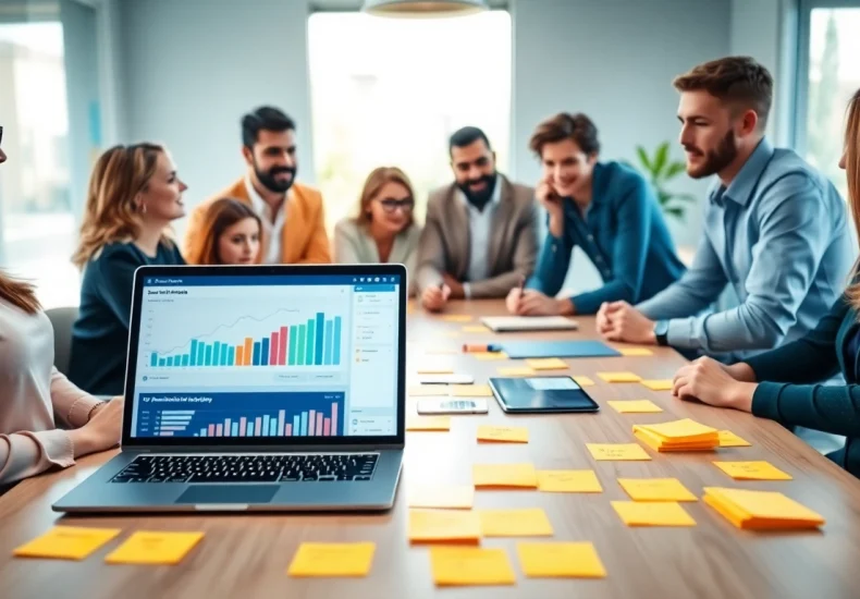 Plan social media marketing strategies in Edmonton with a diverse team at a modern office.