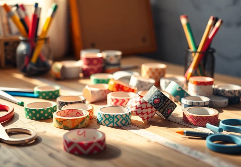 Design vibrant custom washi tape rolls beautifully arranged, showcasing various patterns and colors.