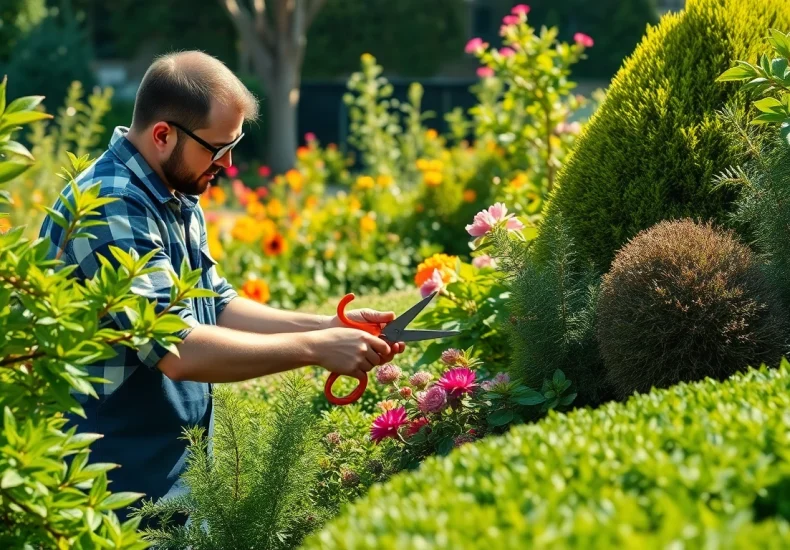 Bezig met snoeien op snoeiseizoen.nl, met diverse bomen en planten in een verzorgde tuin.