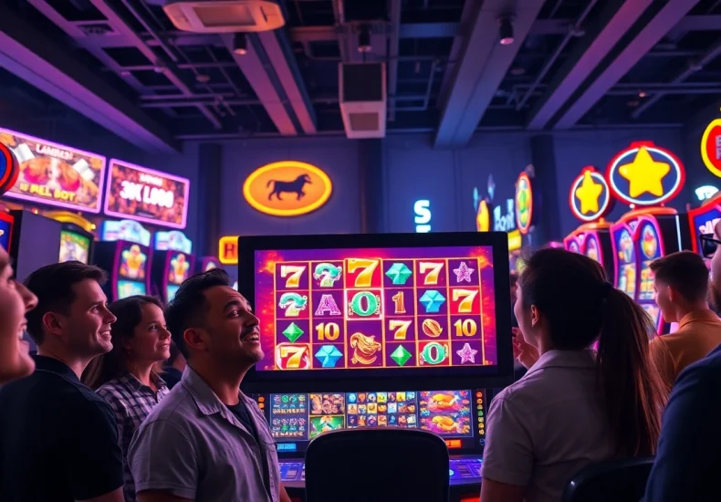 Experience thrilling PGSlot games in a vibrant gaming lounge atmosphere, highlighting excitement and connectivity.