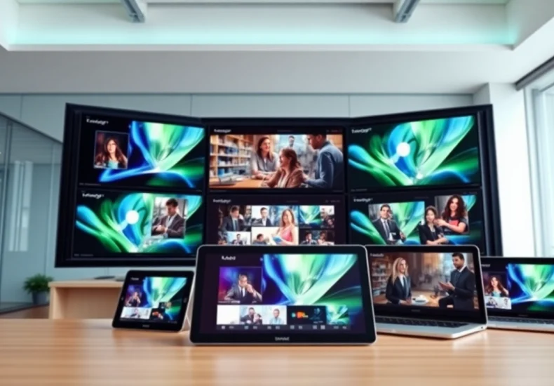 Showcase an engaging interface of Free signage platform for businesses on modern screens in a bright office.