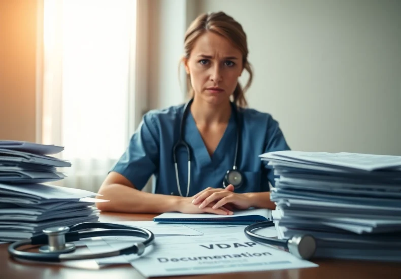 Highlighting Problems with VDAP for Alabama Nurses through a distressed nurse examining paperwork in a healthcare office.